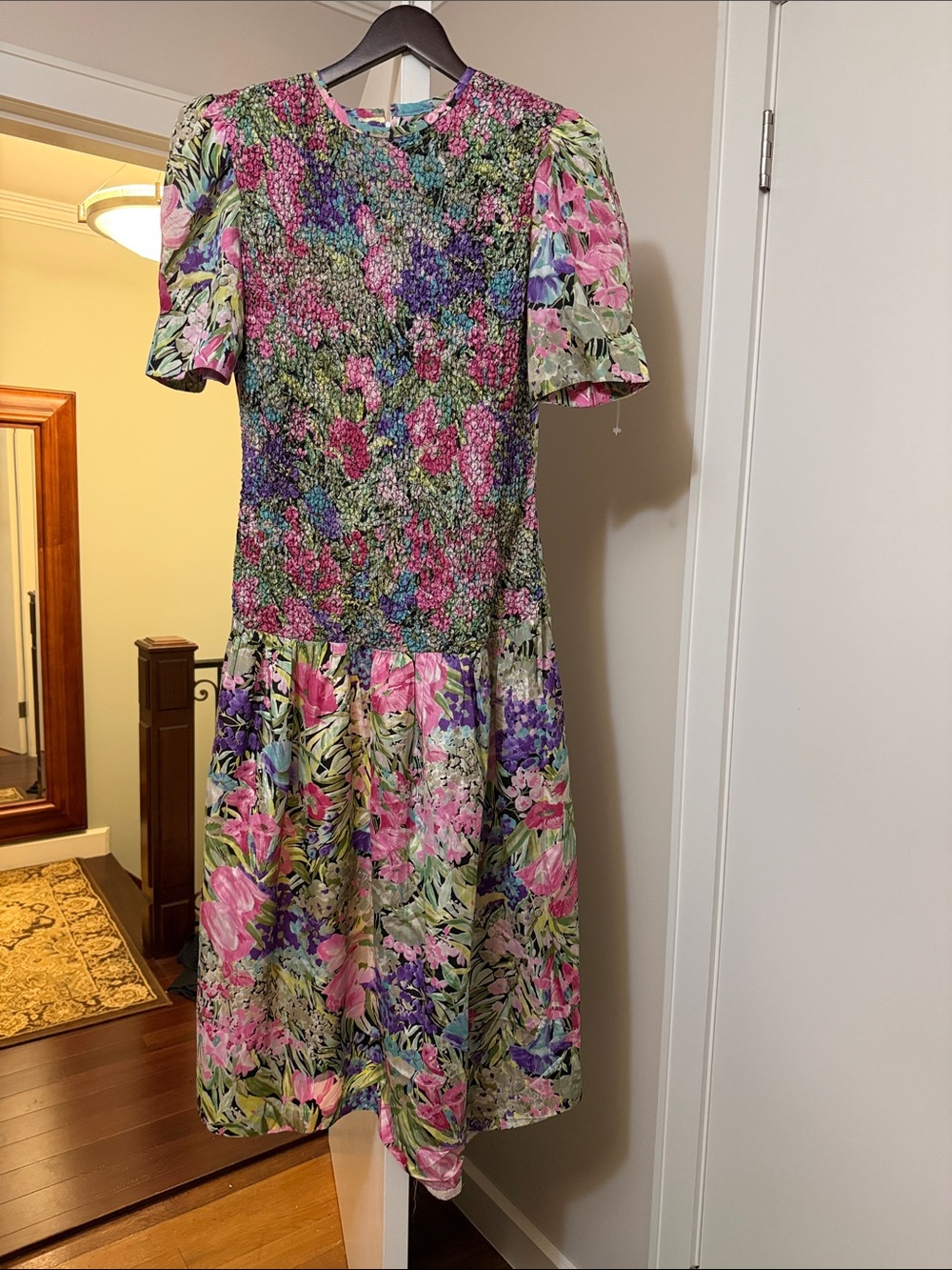 PLAZA SOUTH Purple Pink Multi-color Big Shoulder Short Sleeve midi Dress 14